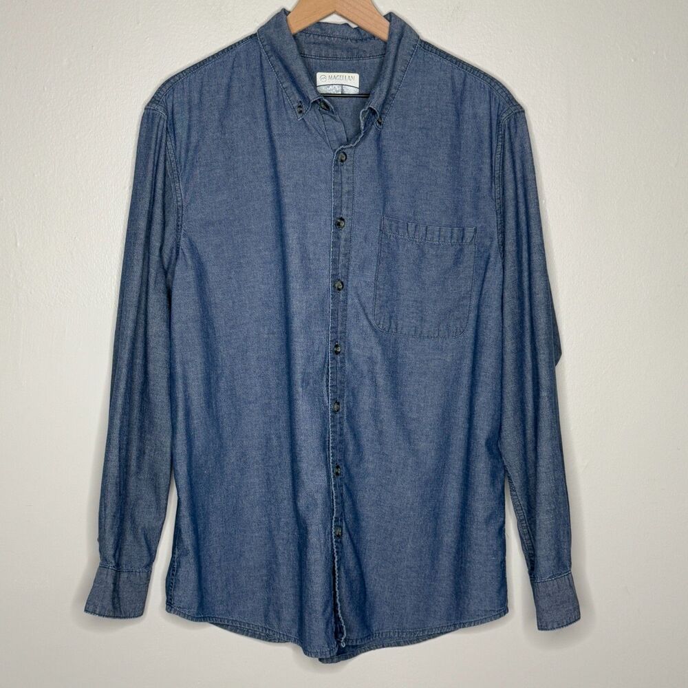 Magellan Outdoors Mens Chambray Shirt Large Blue Classic‎ Fit Denim Preppy
